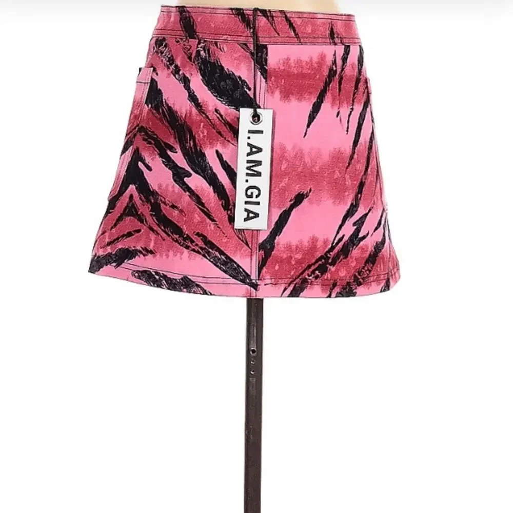 I AM GIA Siren Tiger Pink Black Animal Print Denim Mini Skirt Small - Picture 6 of 9